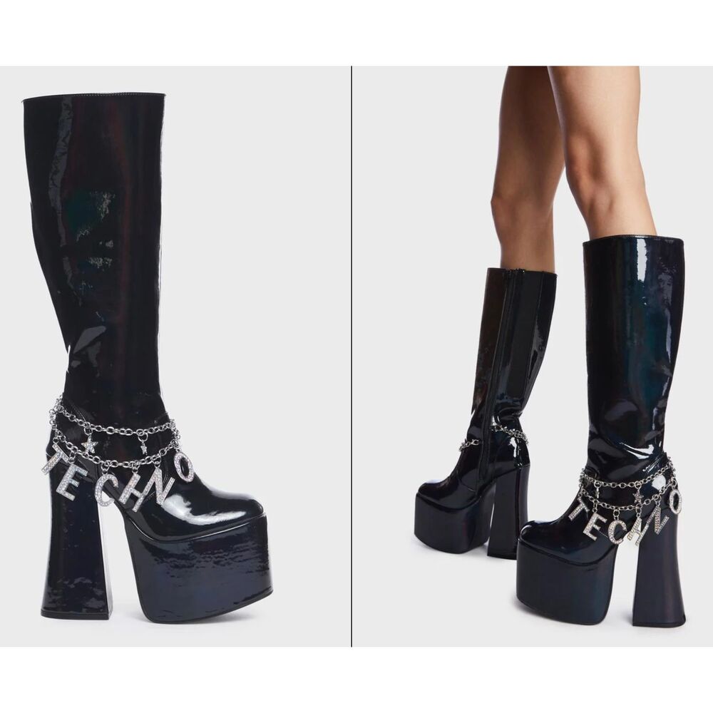 Dolls Kill Club Exx Tech-No For An Answer Black Patent Platform GoGo Boots NEW 8
